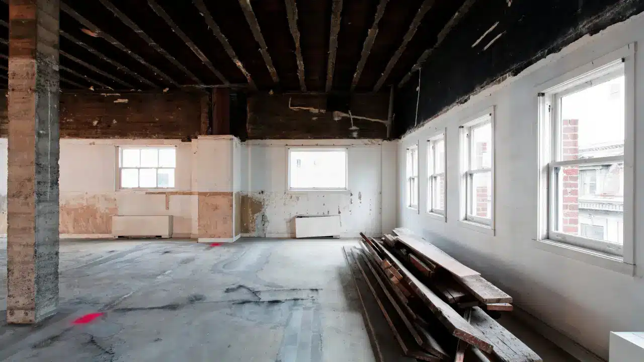 Commercial interior stripped to the framing and slab during a building restoration project