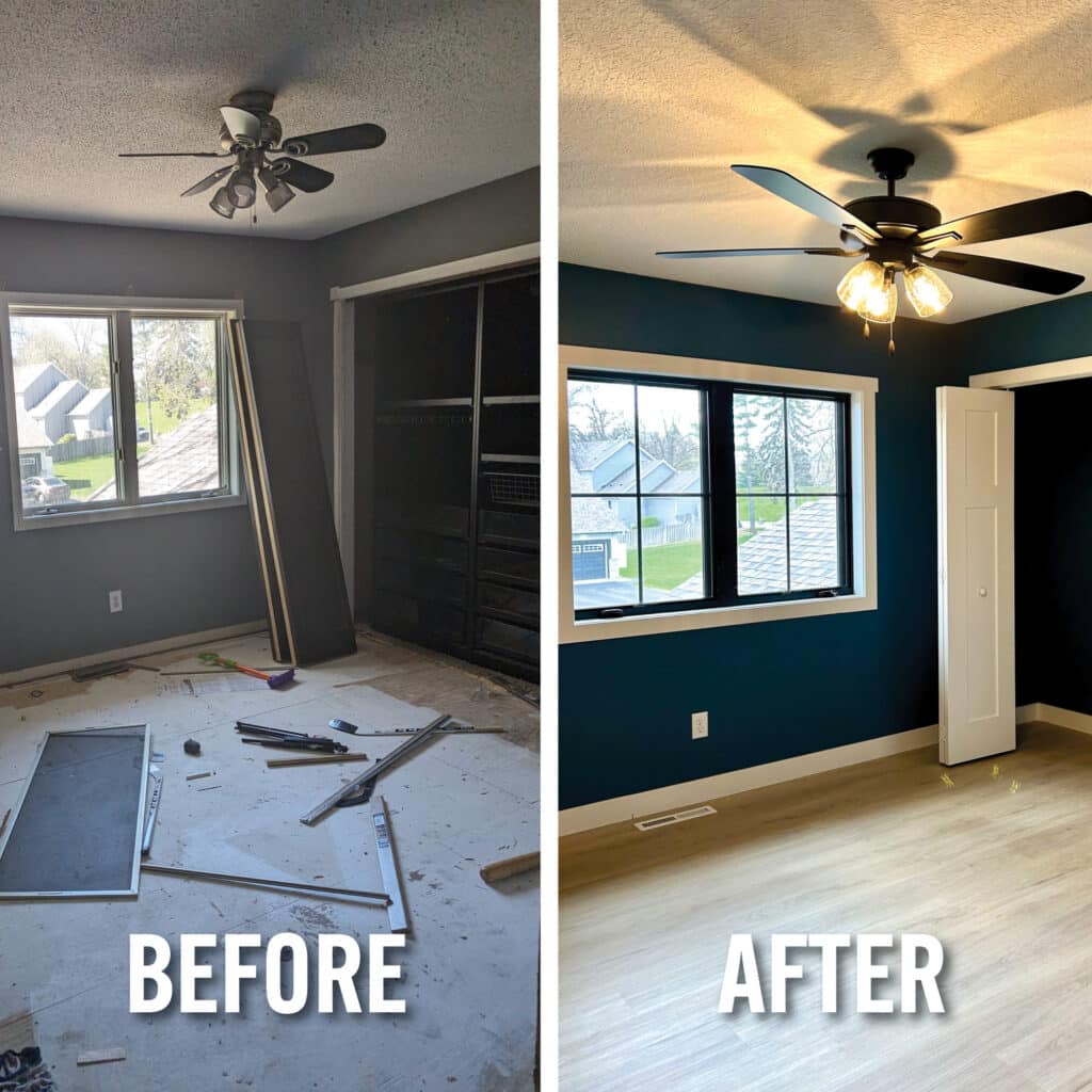 Bedroom before and after smoke damage cleanup by Kiser Construction in Minnesota