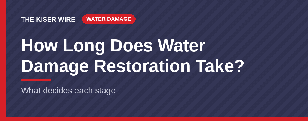 Blog banner reading How Long Does Water Damage Restoration Take, from The Kiser Wire by Kiser Construction
